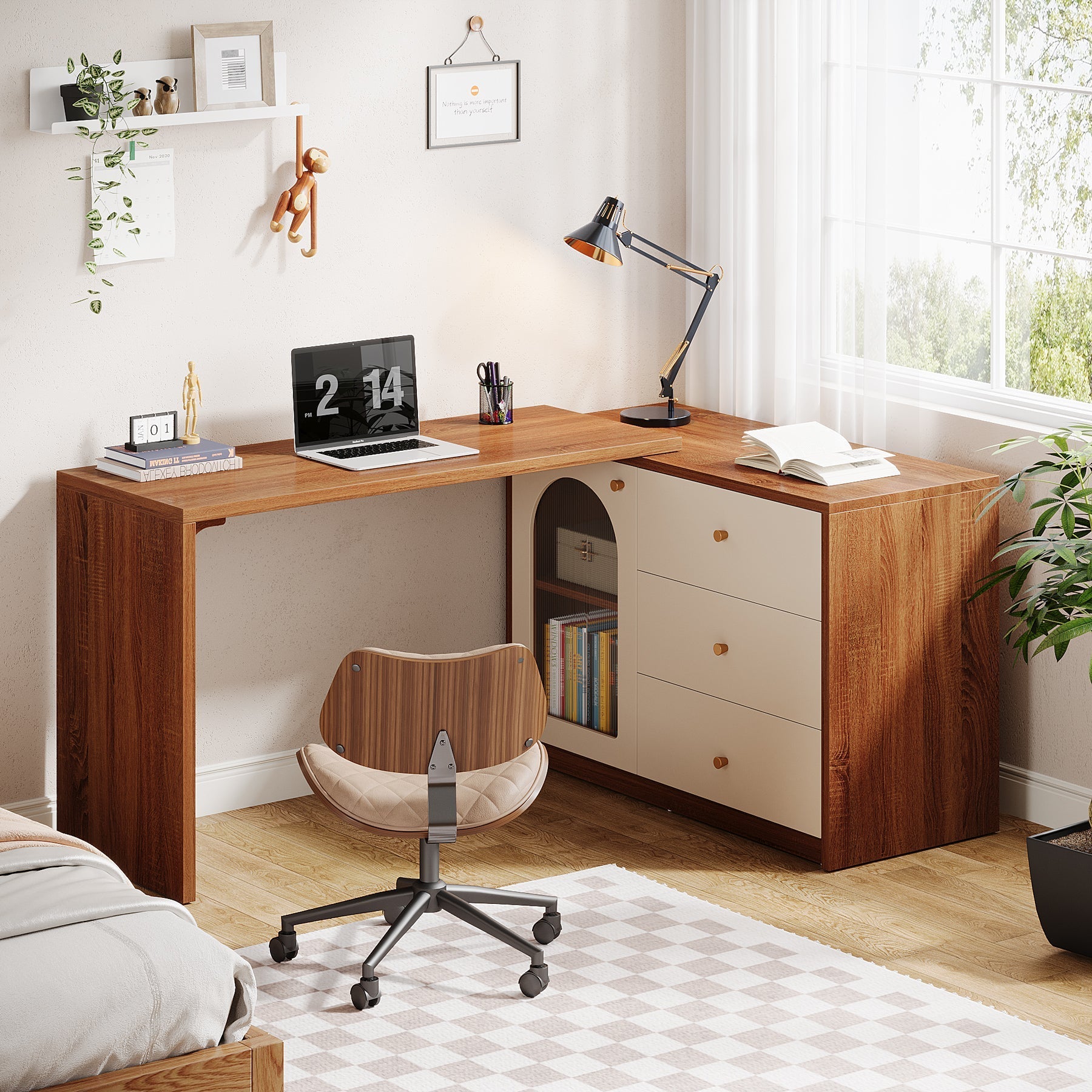 L - Shaped Computer Desk, Corner Office Desk with Reversible Storage Cabinet Tribesigns