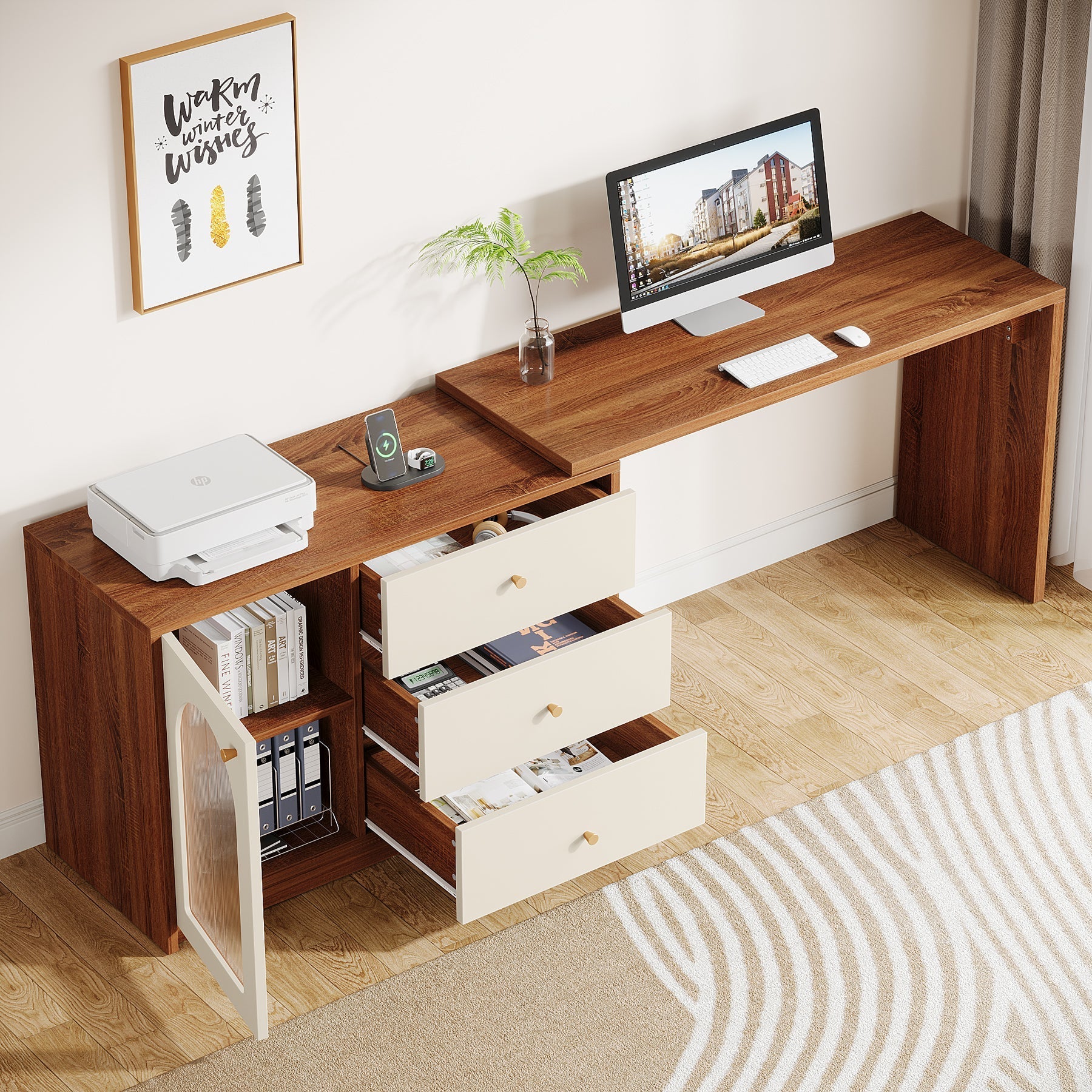 L - Shaped Computer Desk, Corner Office Desk with Reversible Storage Cabinet Tribesigns