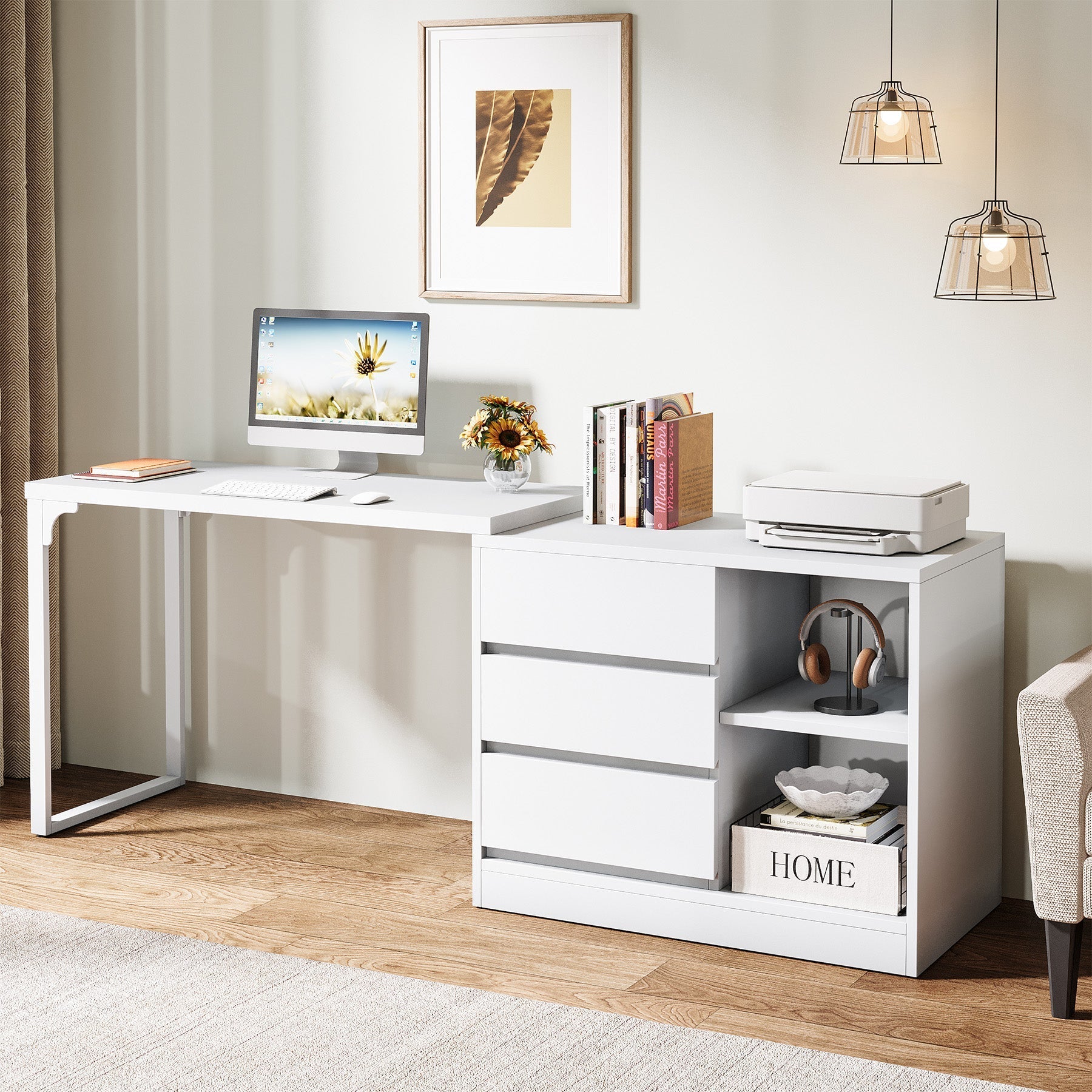 L - Shaped Computer Desk, Reversible Corner Desk With Drawer Cabinet Tribesigns