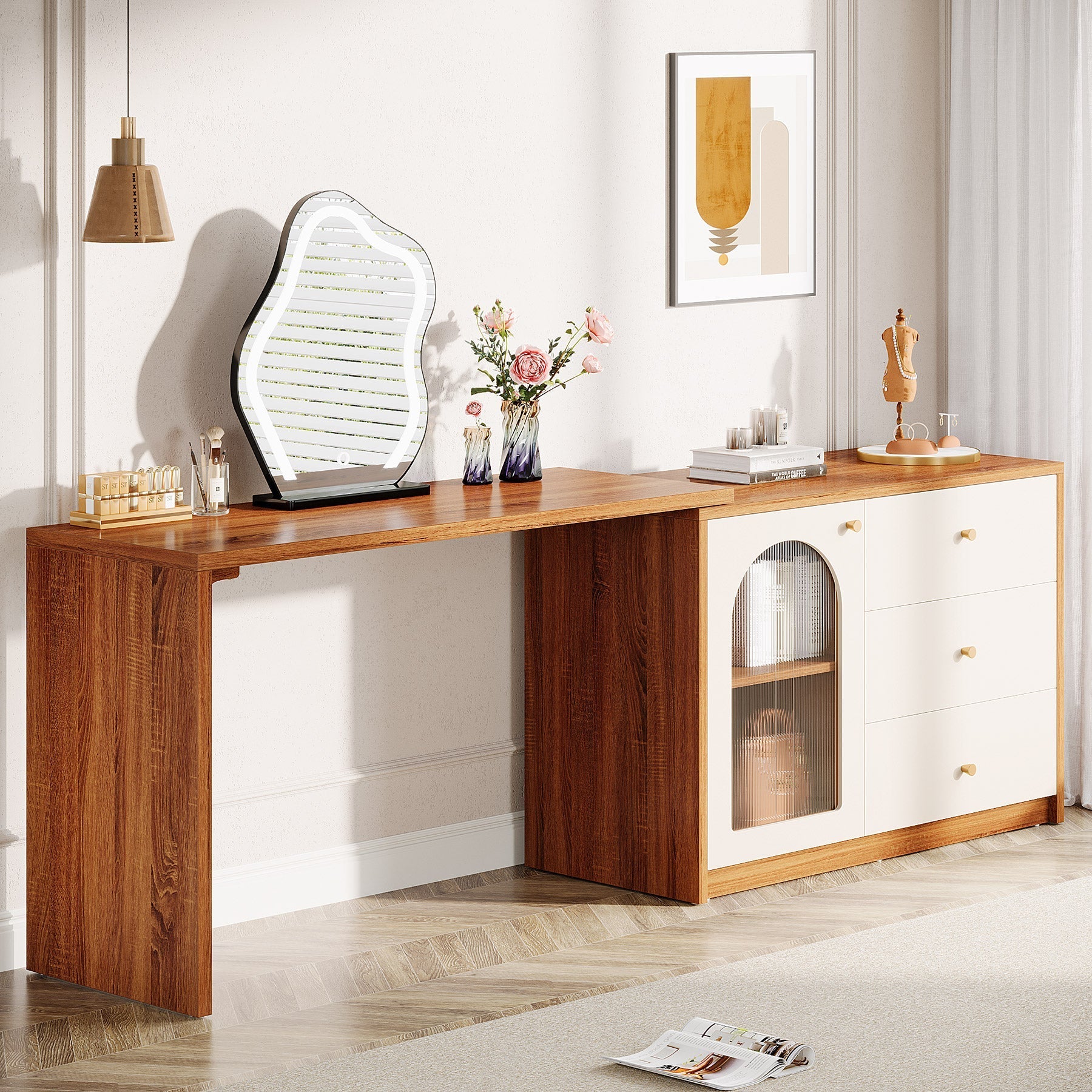Modern Makeup Vanity, Dressing Table with 3 Drawers and Cabinet Tribesigns