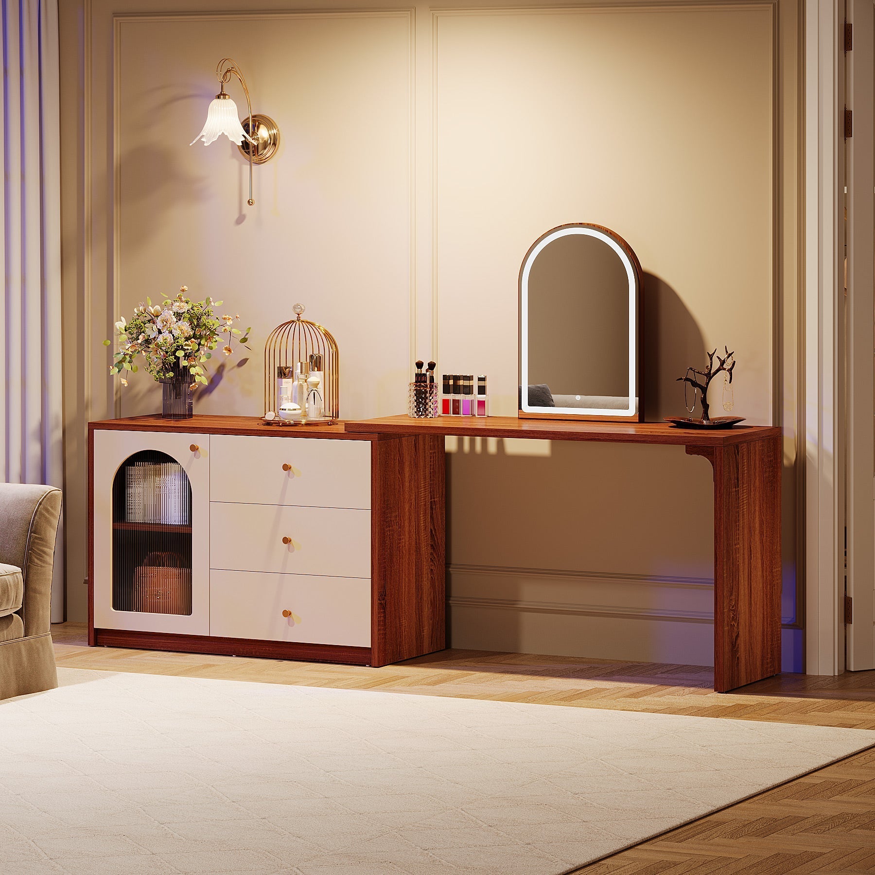 Modern Makeup Vanity, Dressing Table with 3 Drawers and Cabinet Tribesigns