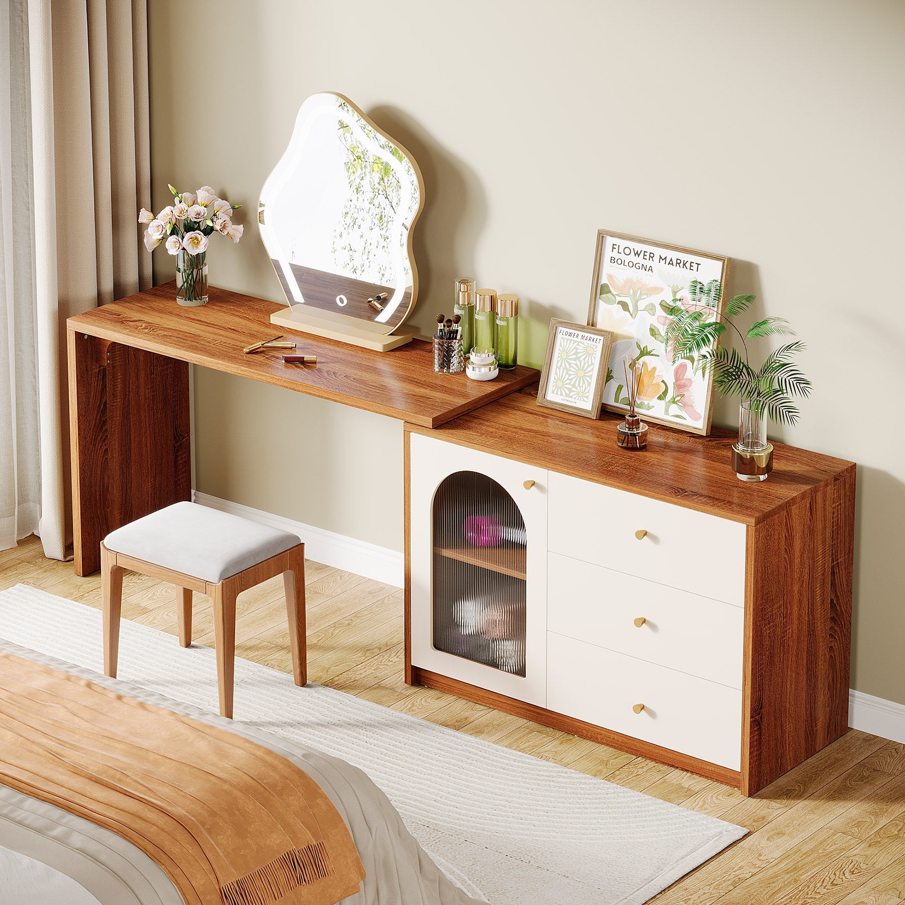 Modern Makeup Vanity, Dressing Table with 3 Drawers and Cabinet Tribesigns