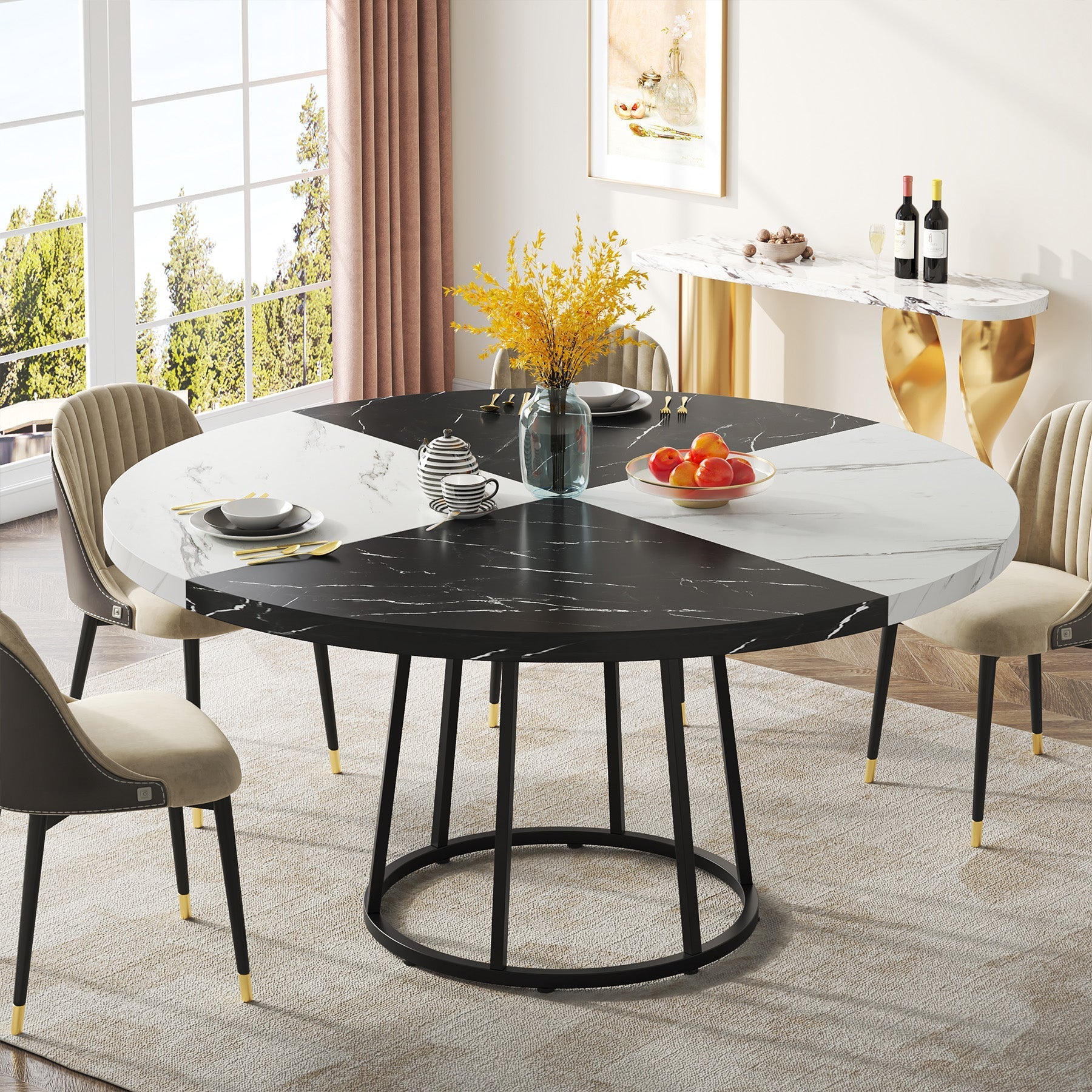Round Dining Table for 4 People, 47" Kitchen Table with Circle Metal Base Tribesigns