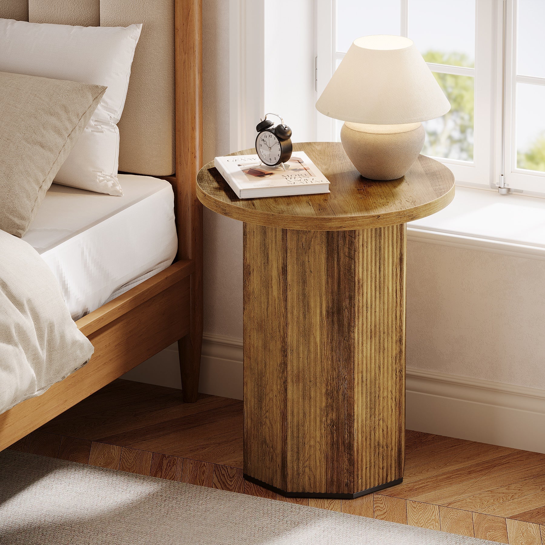Round End Table, Narrow Side Table Nightstand with Stable Pedestal Tribesigns