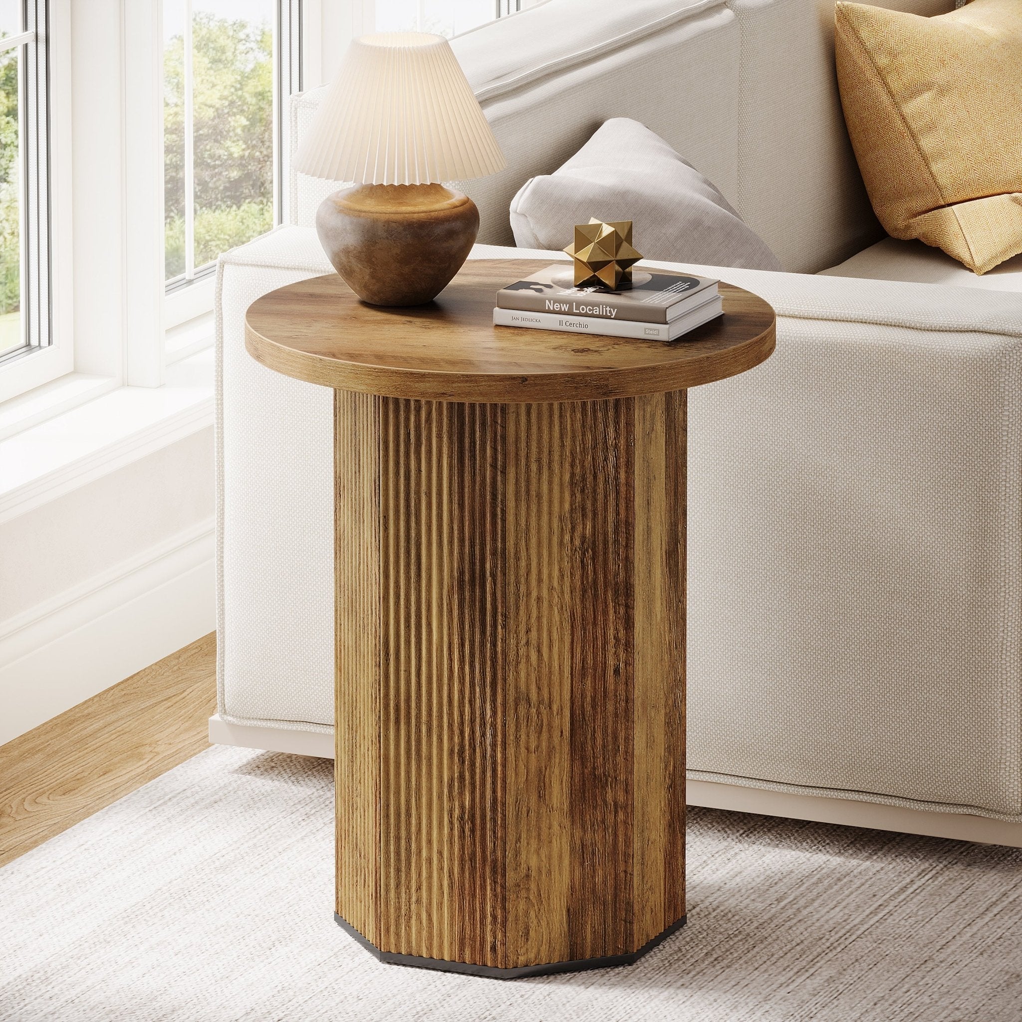 Round End Table, Narrow Side Table Nightstand with Stable Pedestal Tribesigns