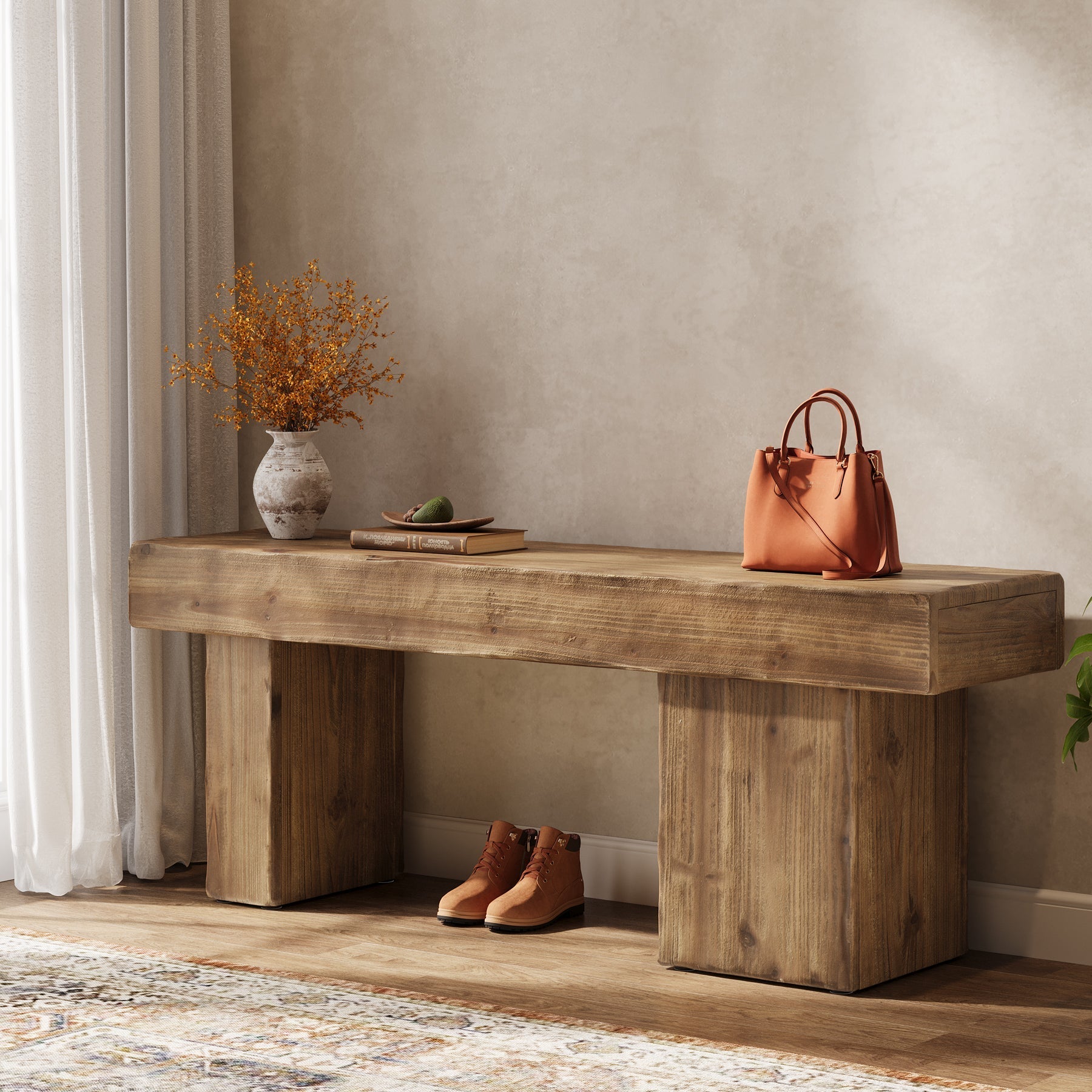 Solid Wood Bench, 47" Farmhouse Entryway Bench with Artistic Legs Tribesigns