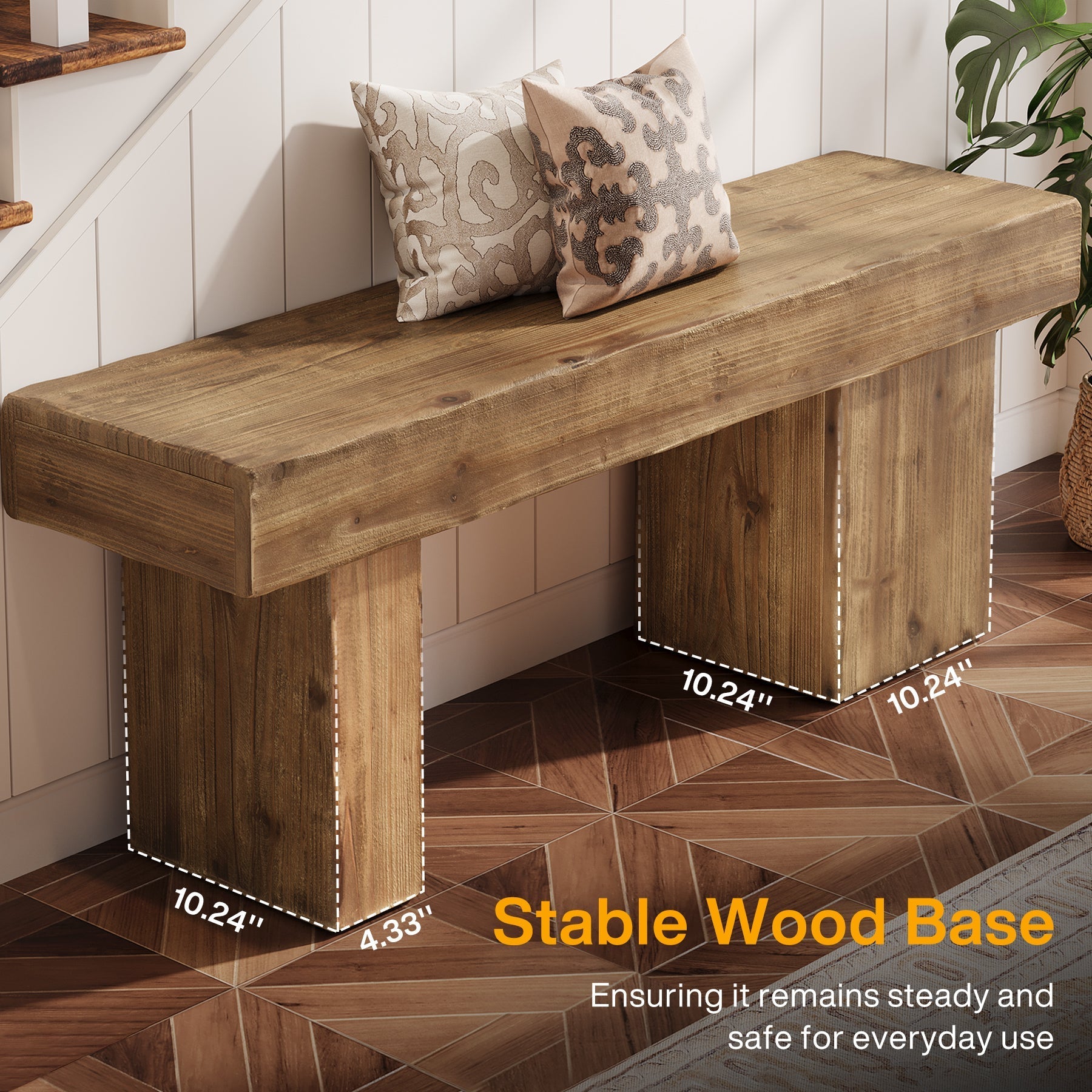 Solid Wood Bench, 47" Farmhouse Entryway Bench with Artistic Legs Tribesigns