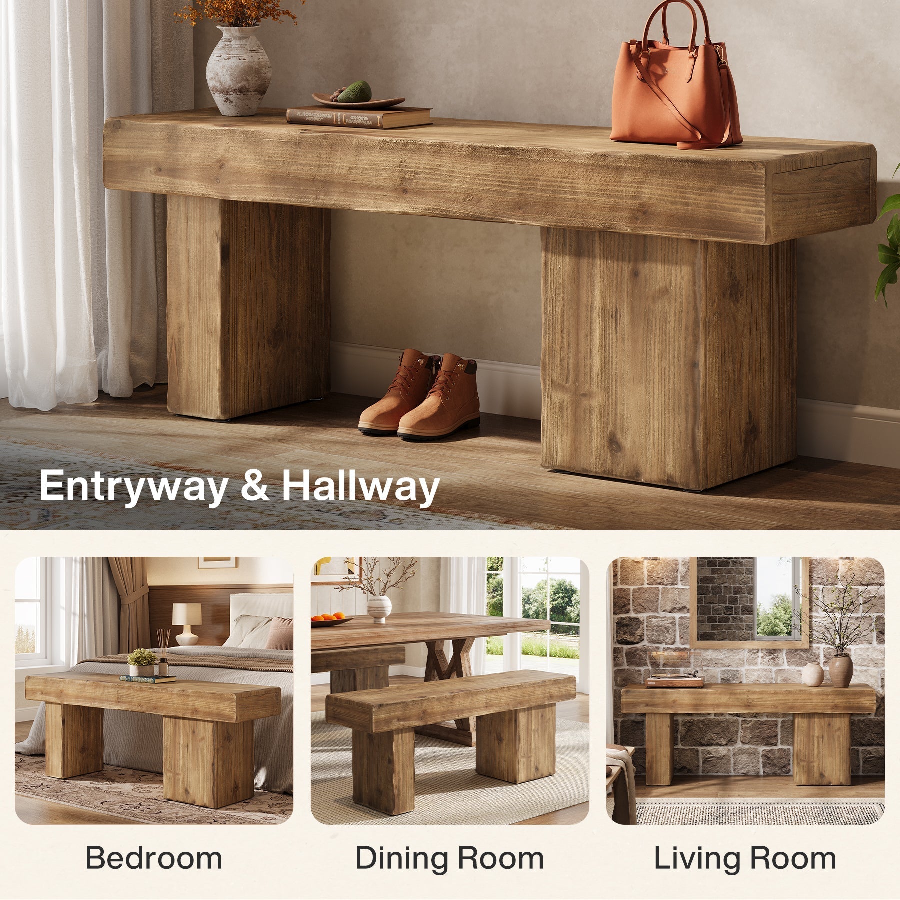 Solid Wood Bench, 47" Farmhouse Entryway Bench with Artistic Legs Tribesigns