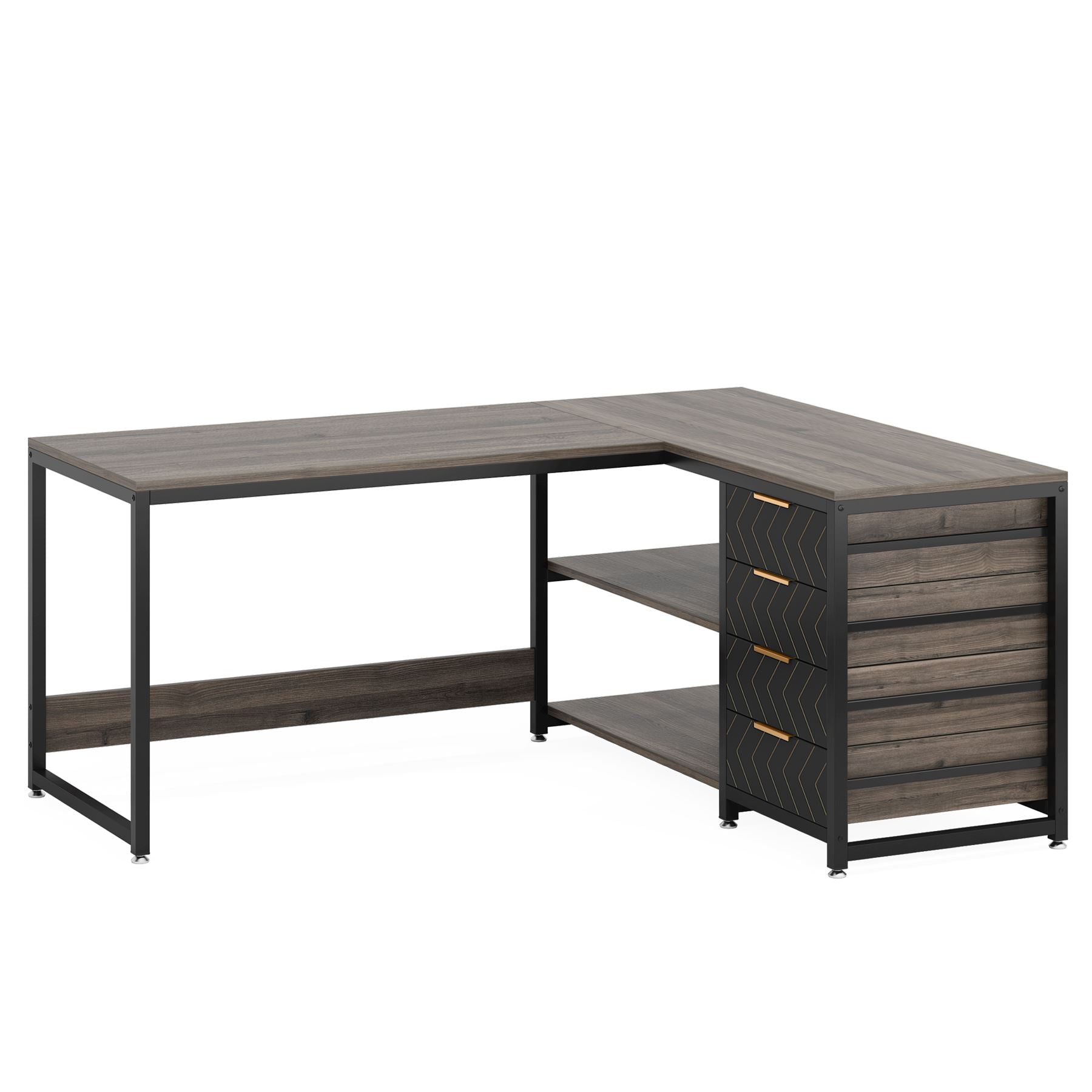 59" L-Shaped Desk, Reversible Corner Desk with Drawers & Shelves