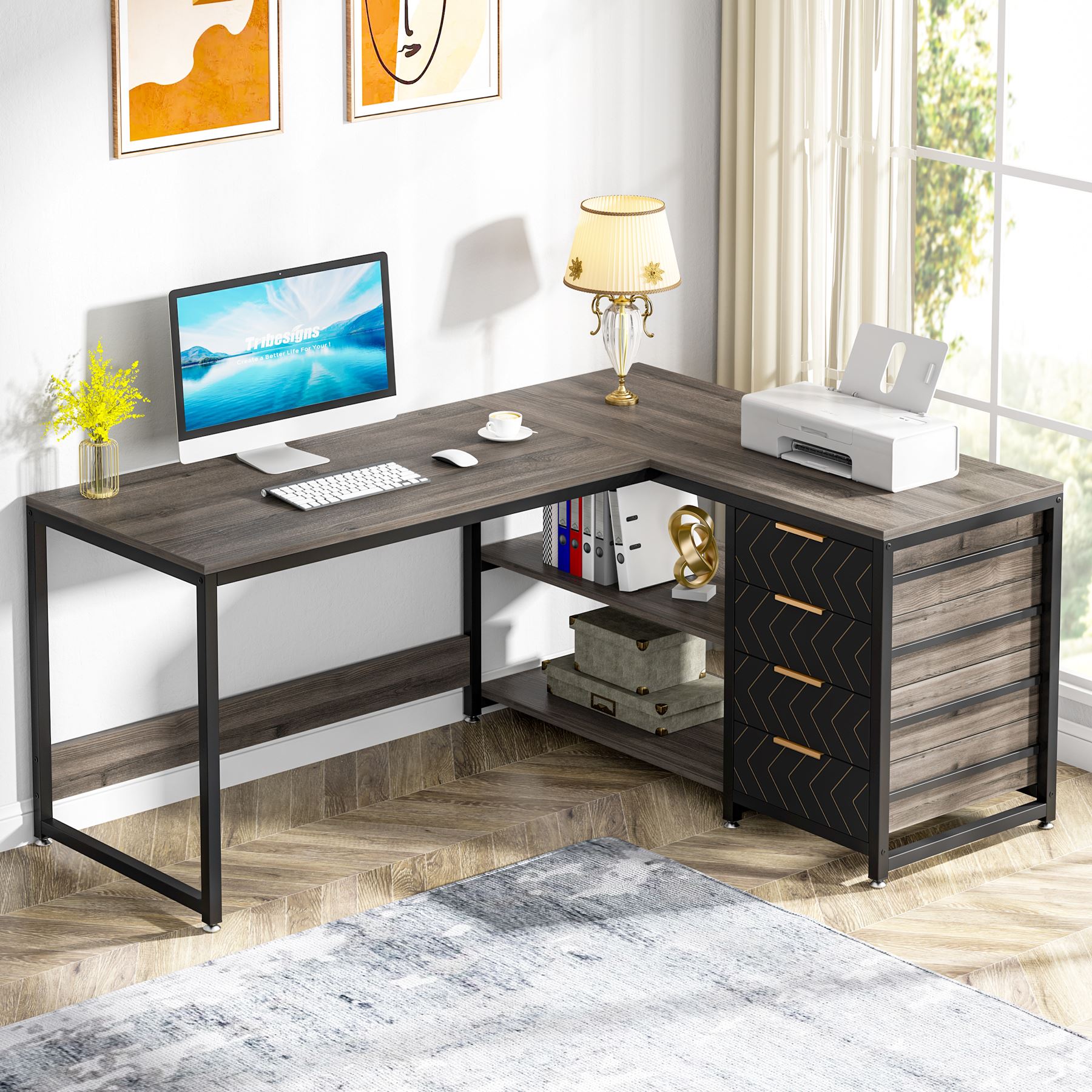 59" L-Shaped Desk, Reversible Corner Desk with Drawers & Shelves
