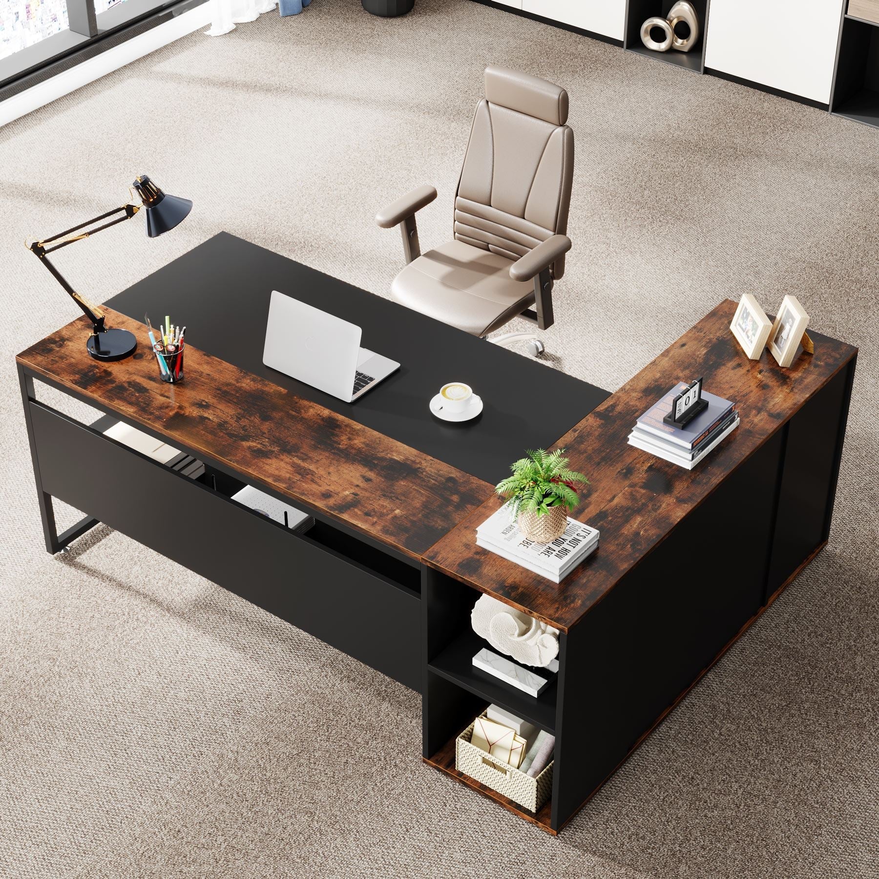 Tribesigns Large L - Shaped Desk, 71 inch Executive Desk with Shelves & Cabinet Tribesigns