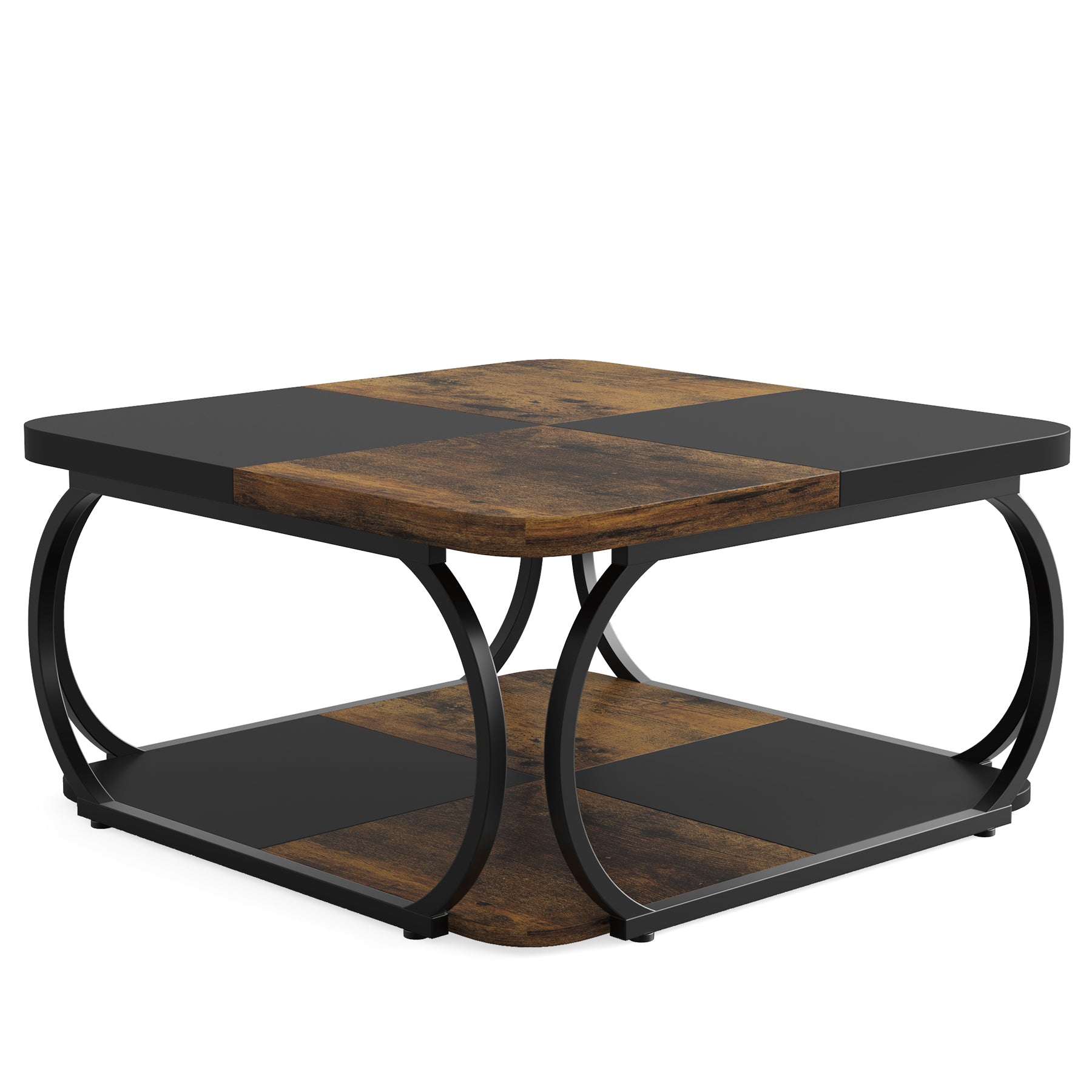 Square Coffee Table, 39" Central Cocktail Table with 2-Tier Shelves