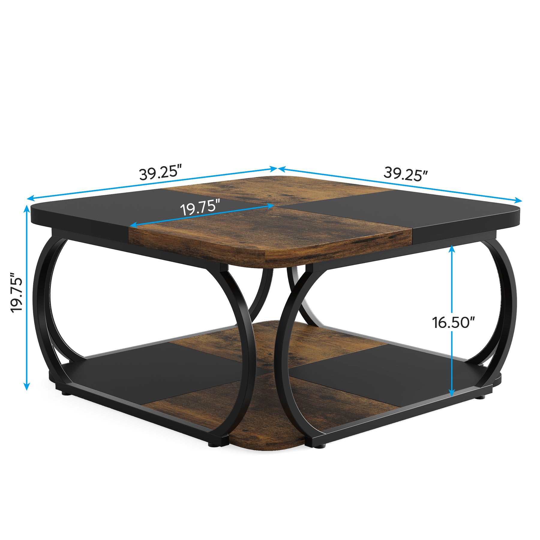 Square Coffee Table, 39" Central Cocktail Table with 2-Tier Shelves