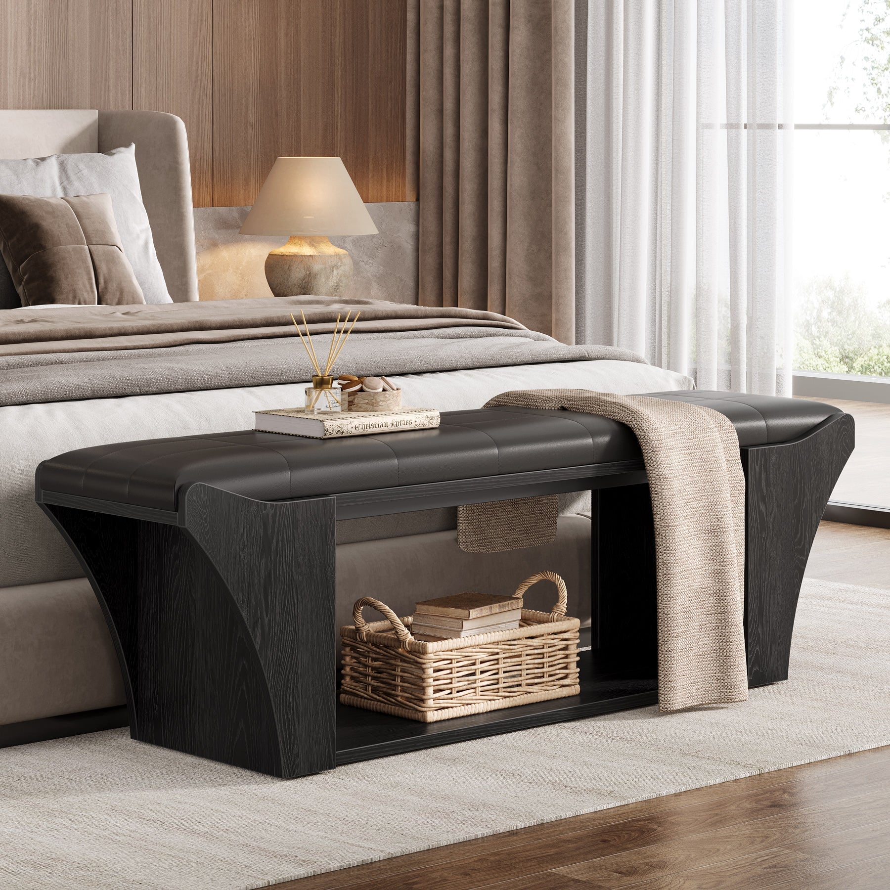 Upholstered Entryway Bench, 57" Shoe Storage Benches with Open Shelf Tribesigns