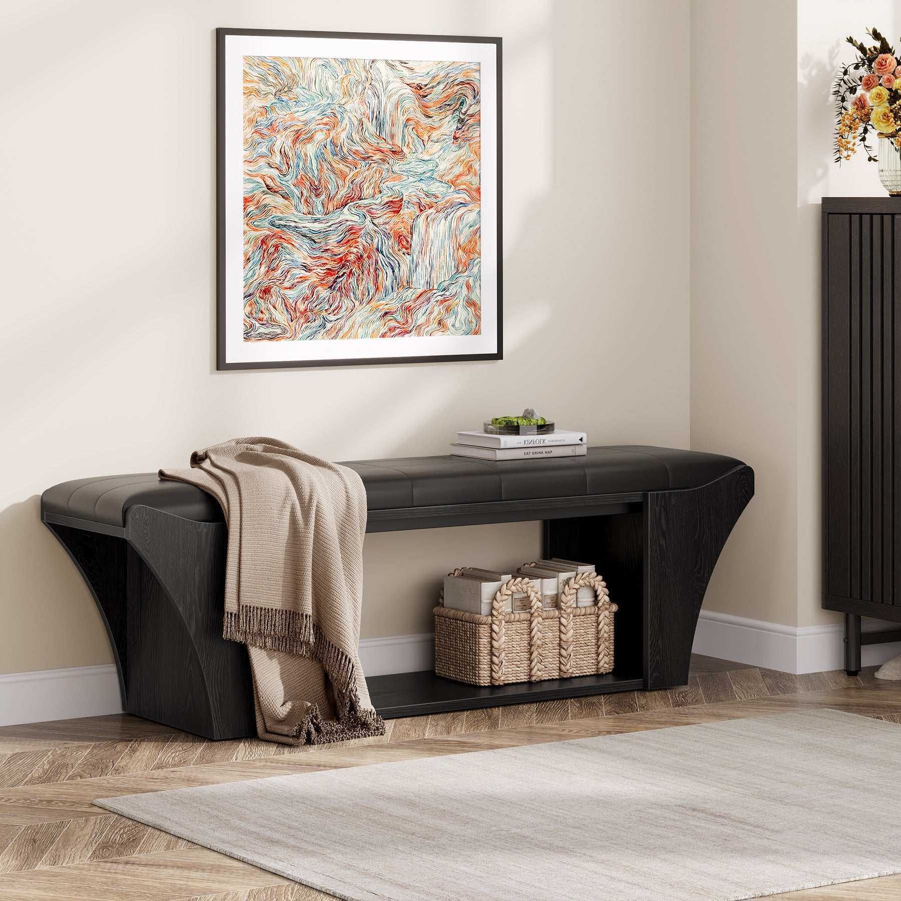 Upholstered Entryway Bench, 57" Shoe Storage Benches with Open Shelf Tribesigns
