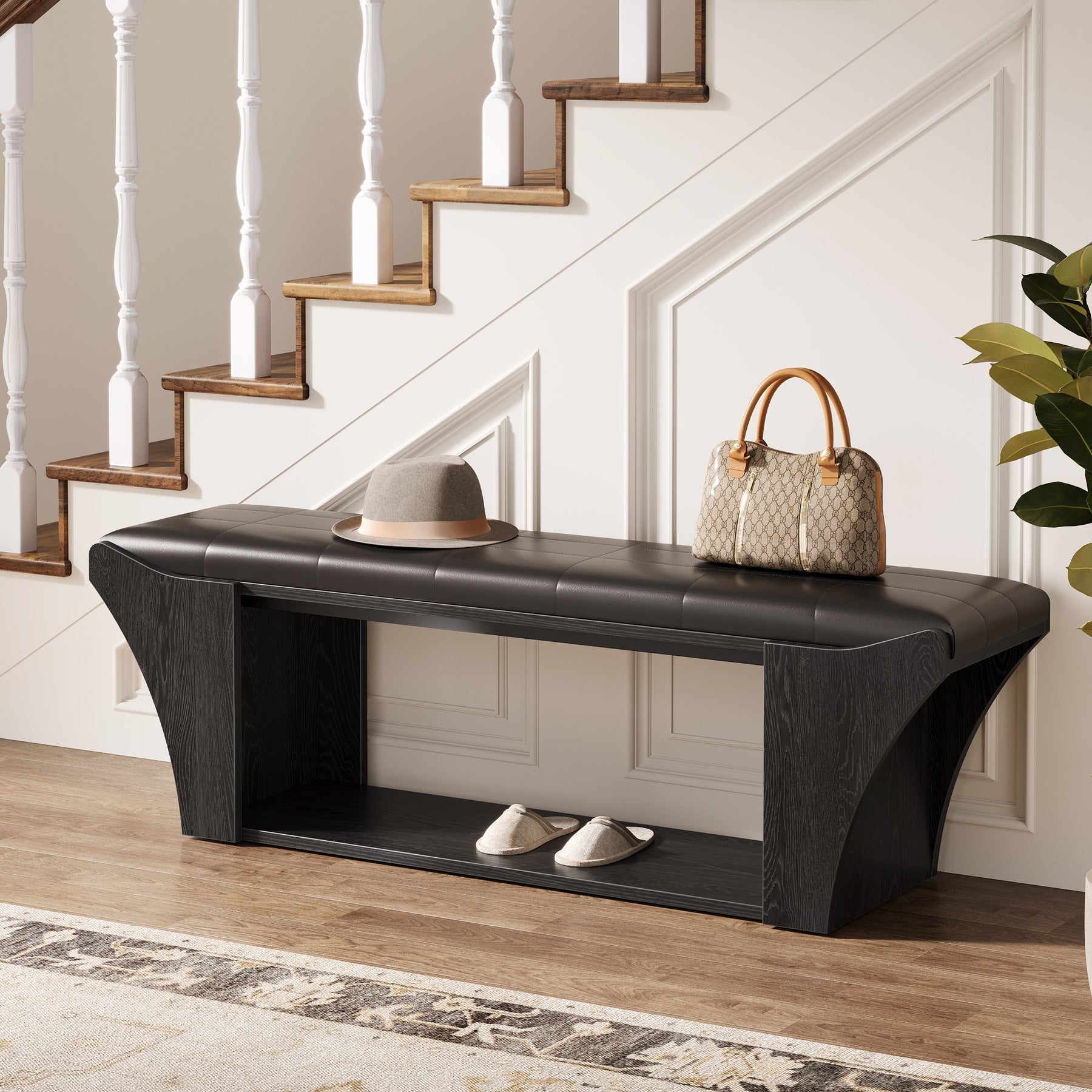Upholstered Entryway Bench, 57" Shoe Storage Benches with Open Shelf Tribesigns
