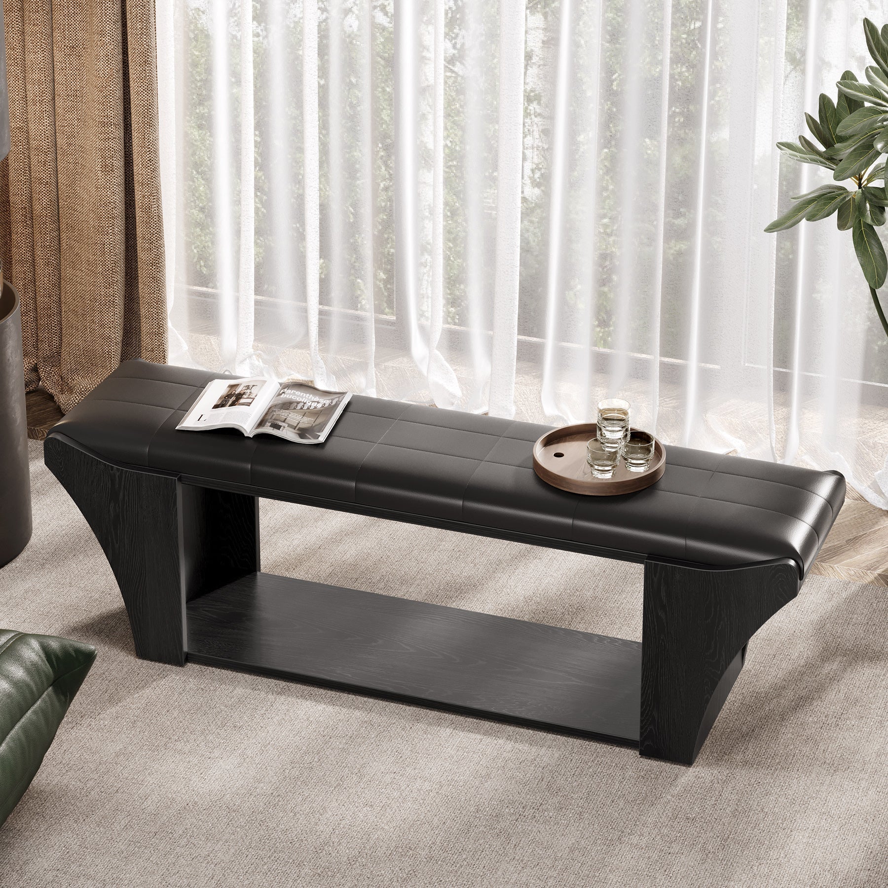 Upholstered Entryway Bench, 57" Shoe Storage Benches with Open Shelf Tribesigns