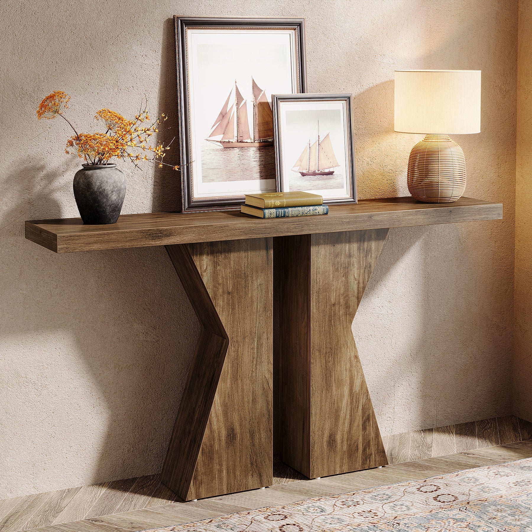 Wood Console Table, 55" Sofa Table Entryway Table with K - Shaped Frame Tribesigns