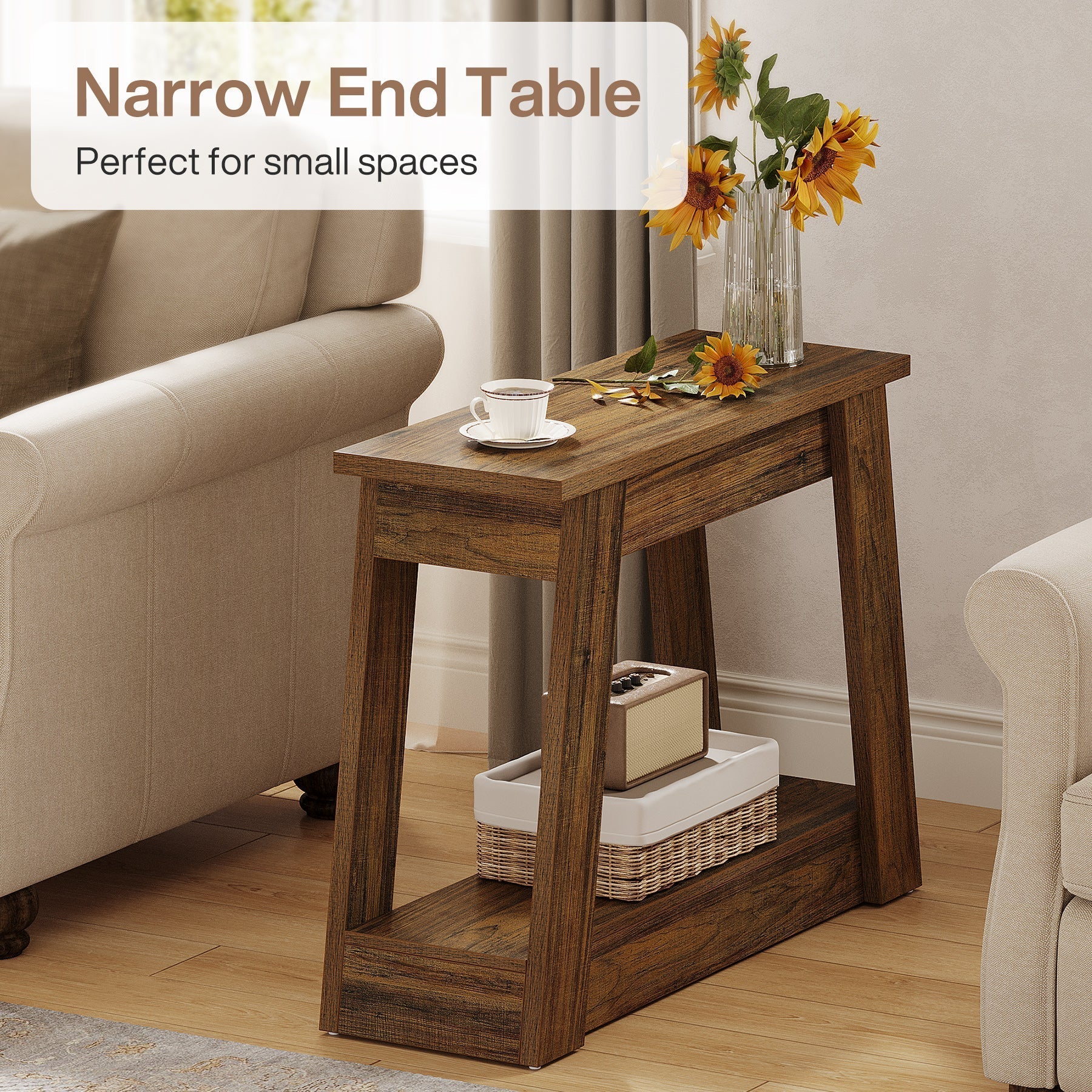 Wood End Table, Small Side Table With 2 Storage Shelves Tribesigns