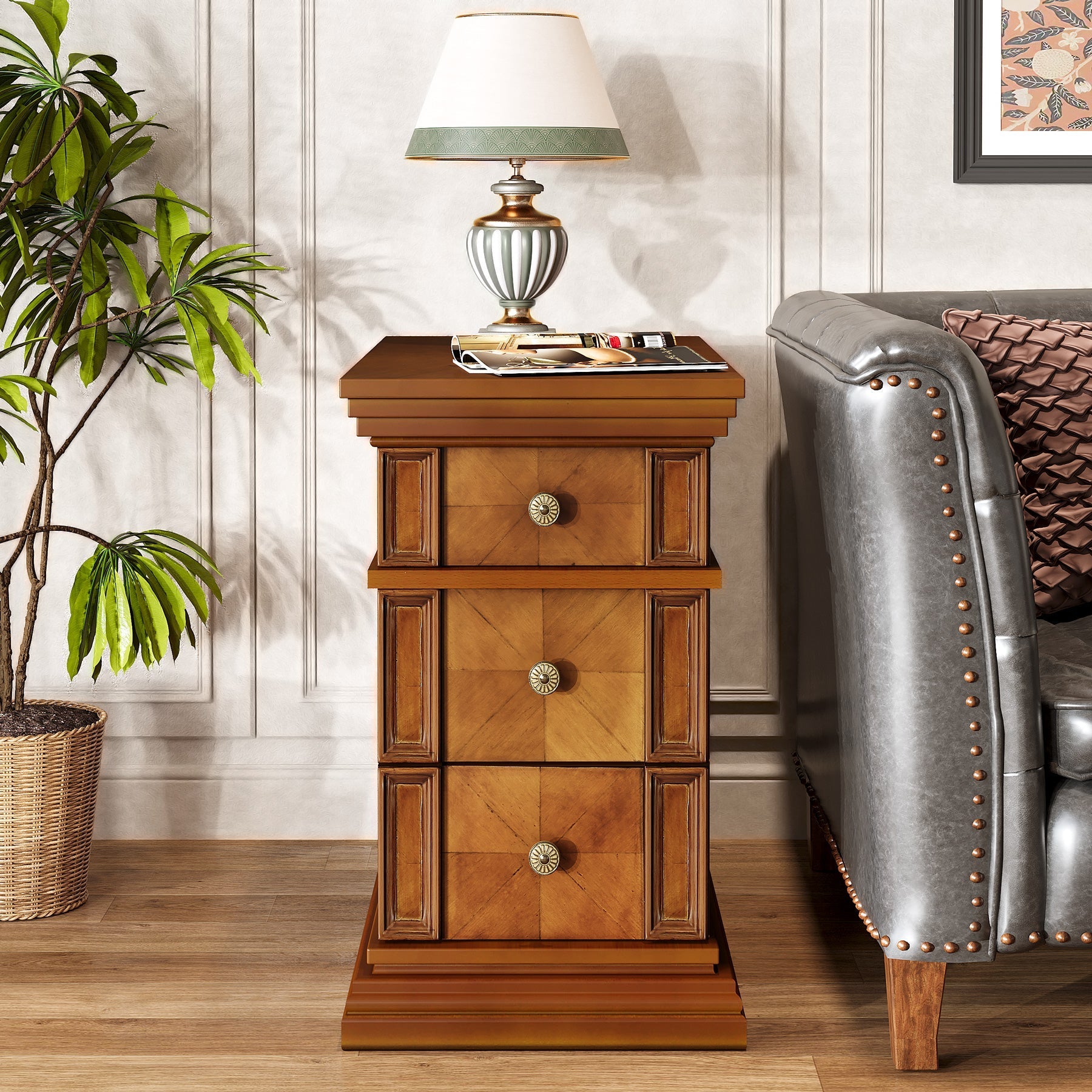 Wood End Table, Sofa Side Table Nightstand with 3 Drawers Tribesigns