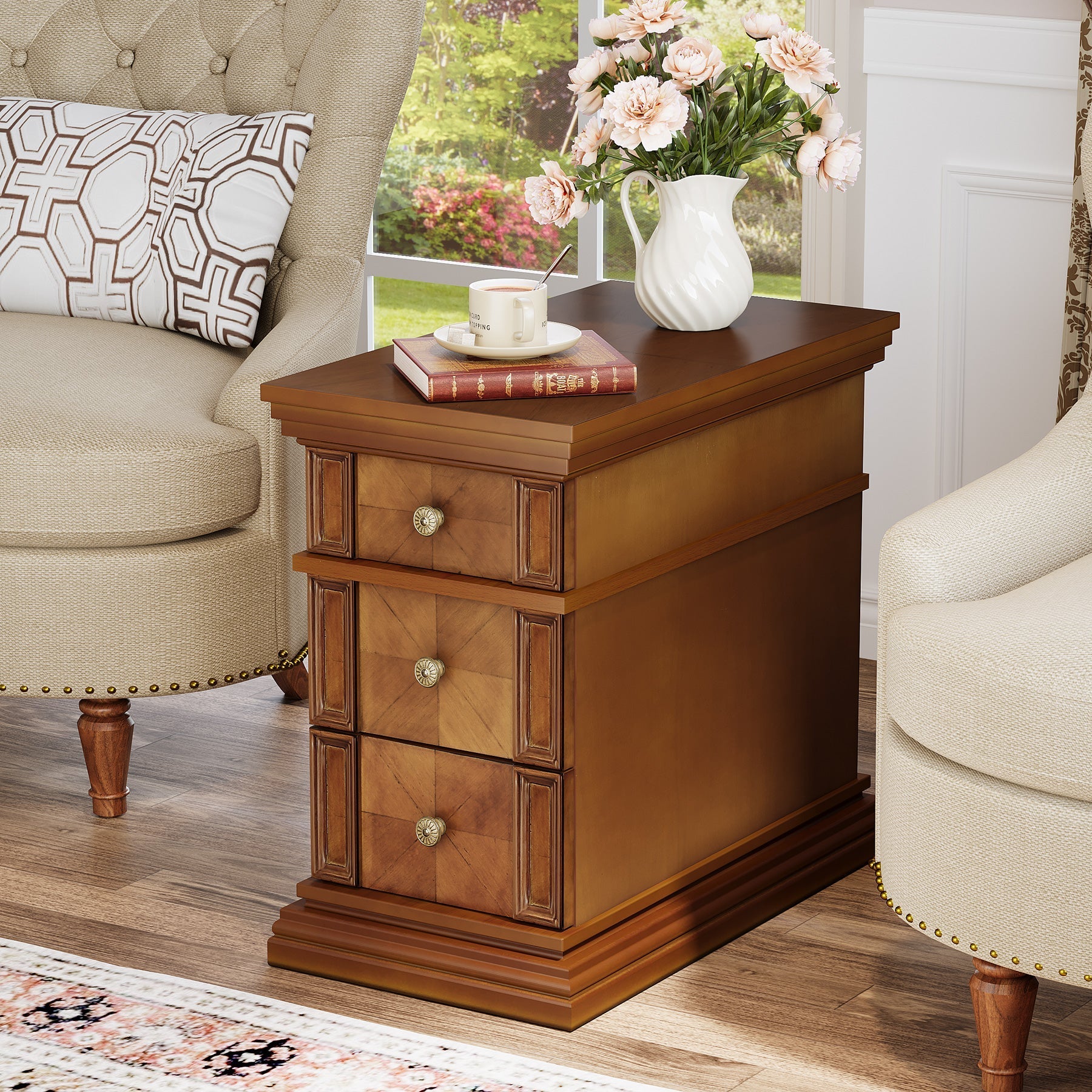 Wood End Table, Sofa Side Table Nightstand with 3 Drawers Tribesigns