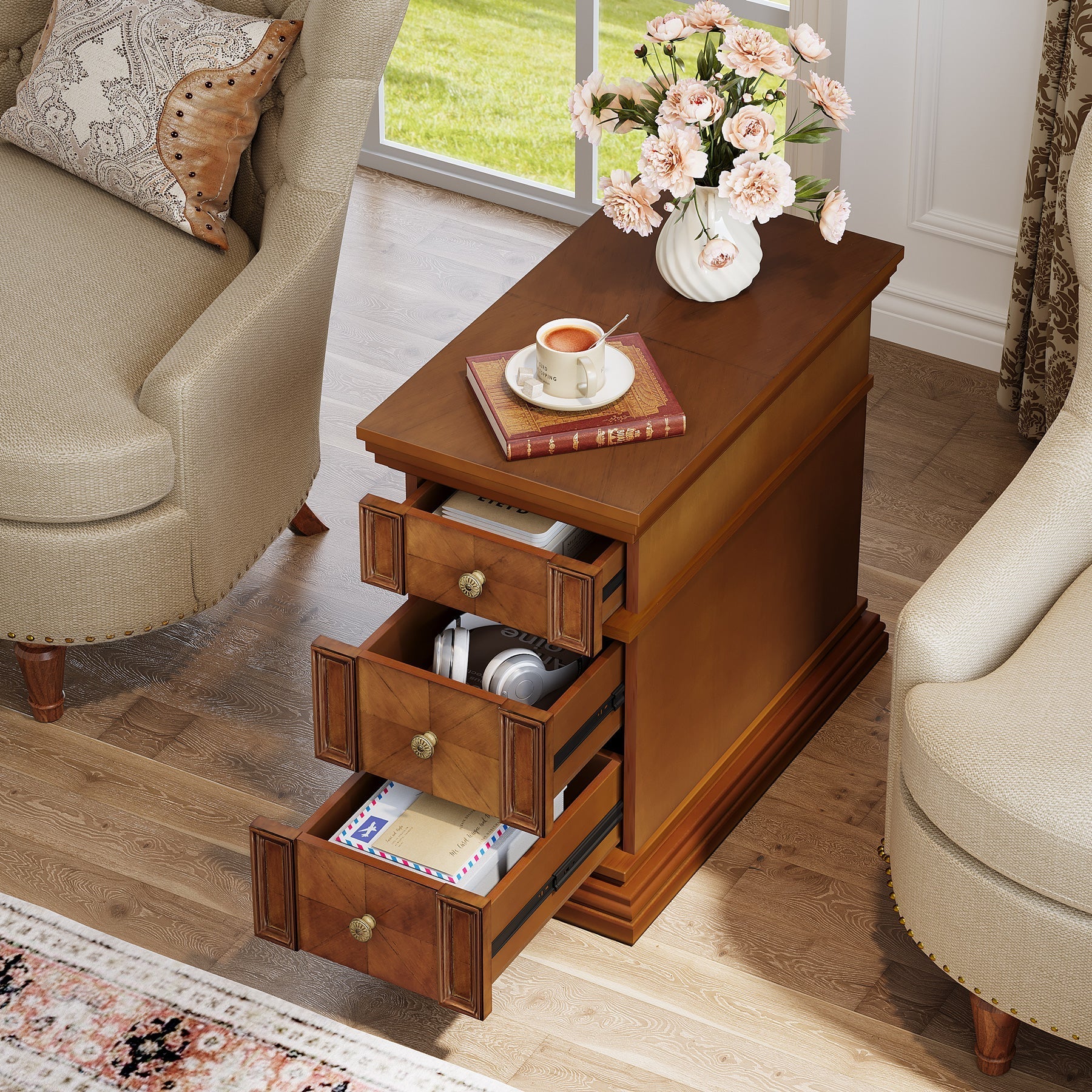 Wood End Table, Sofa Side Table Nightstand with 3 Drawers Tribesigns