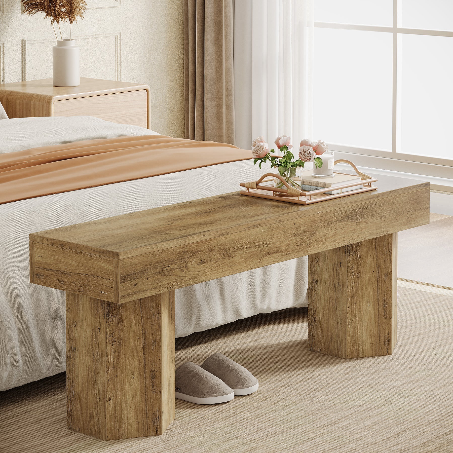 Wooden Dining Seat, 41" End of Bed Bench for Indoor Space Tribesigns